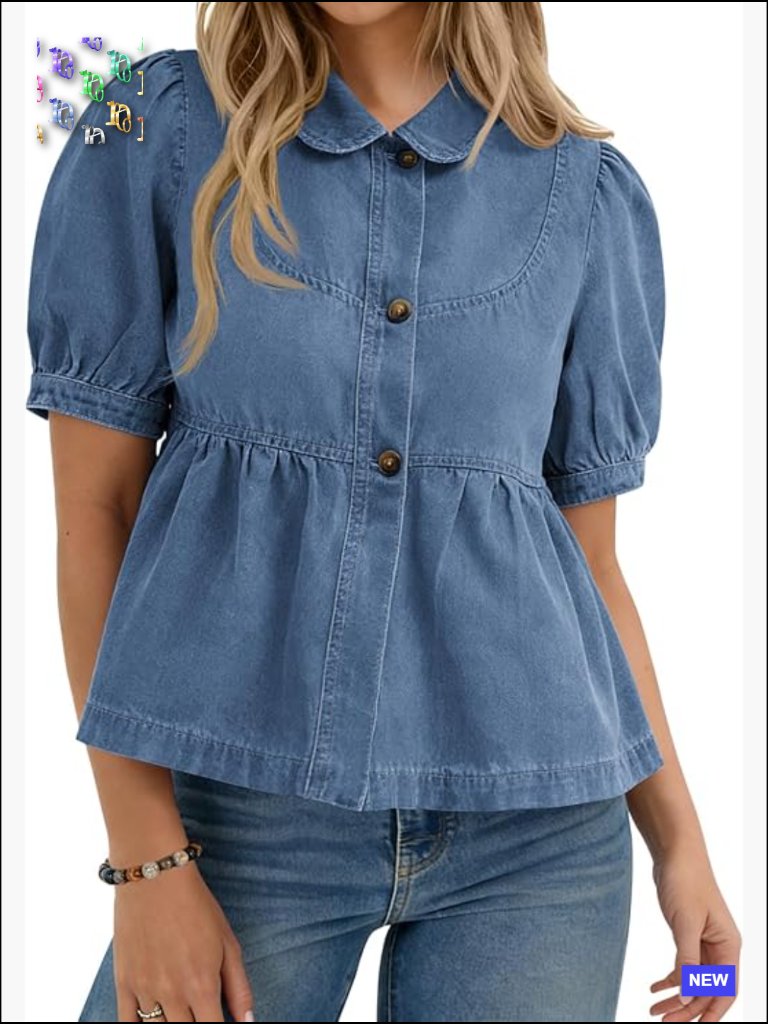 Button Down Denim Shirt Short Puff Sleeve Babydoll Peplum Casual Jean Top
